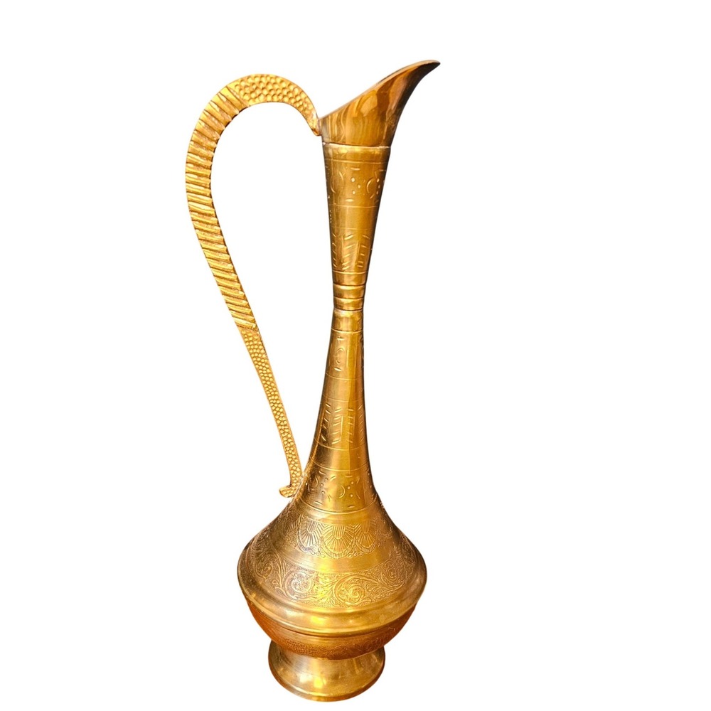 Vintage Etched Brass Aftaba Pitcher Decorative Middle Eastern Ewer 14.5"